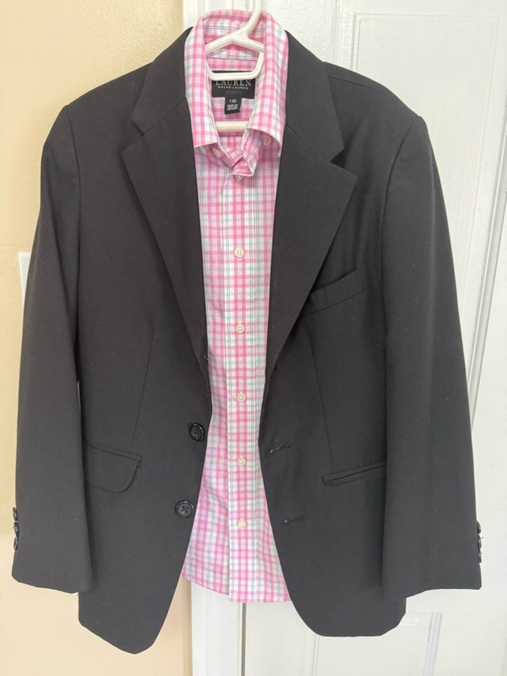 Perry Ellis Black Blazer with Pink Plaid Shirt Layer